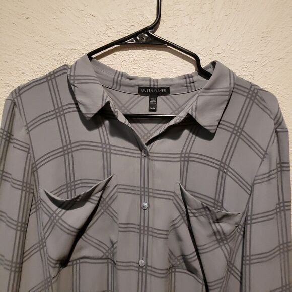 Eileen Fisher Plaid Silk Georgette Crepe ASH Shirt Dress Tunic size Medium - Picture 5 of 12